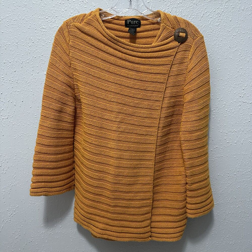 Pure Handknit Shoulder Wrap Cardigan Sweater M/L Lagenlook Ribbed 3/4 Sleeve
